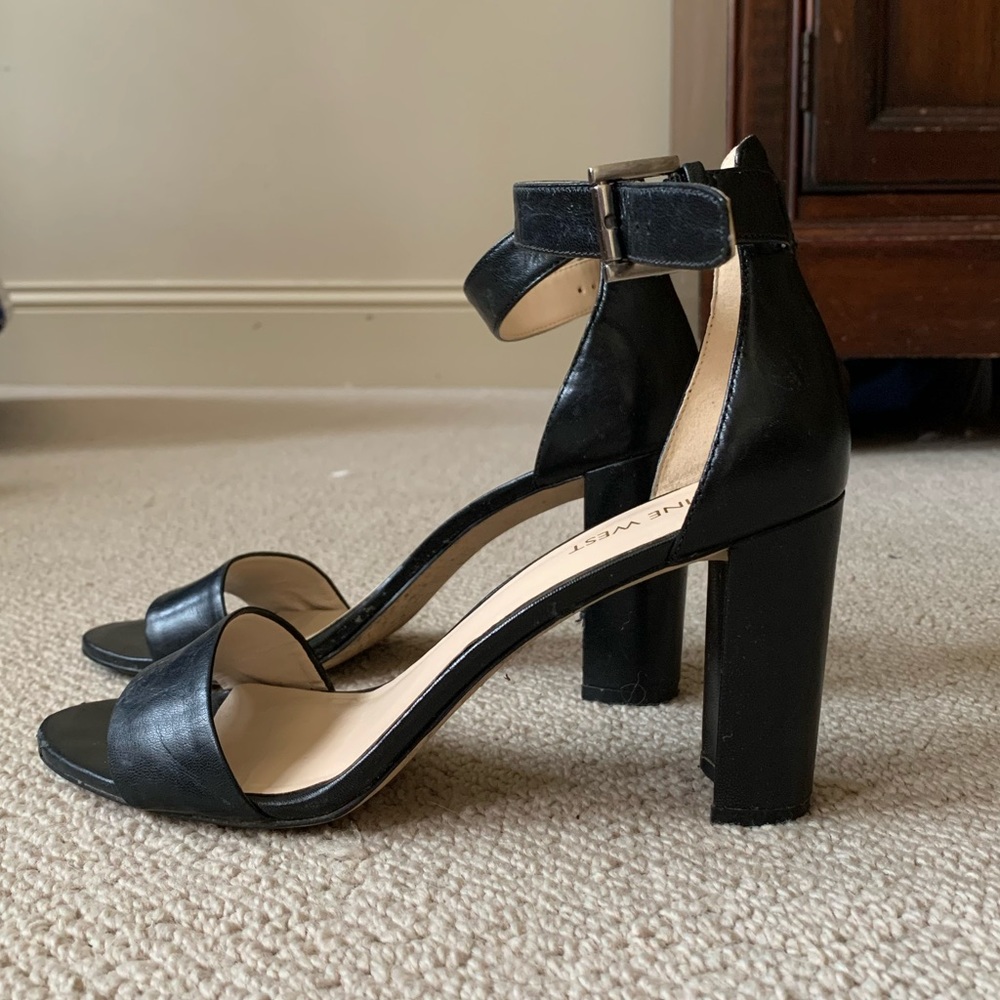 Nine West Black Leather Open-Toe Block Heel
